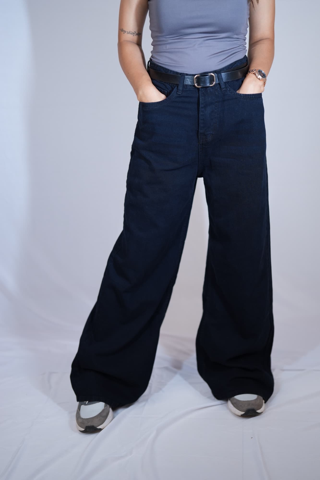 Dark wide-leg denim, front