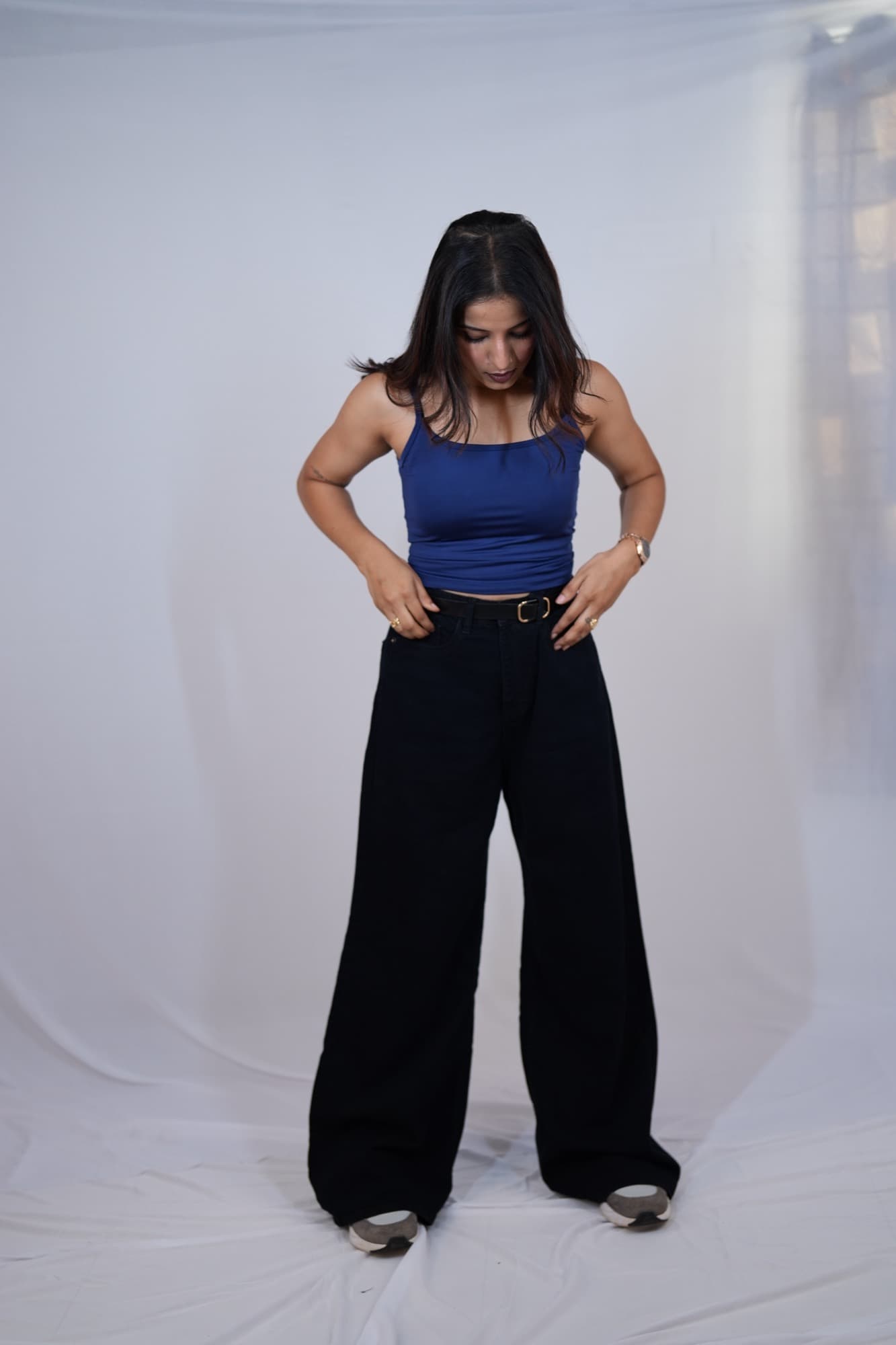 Navy ribbed tank, front